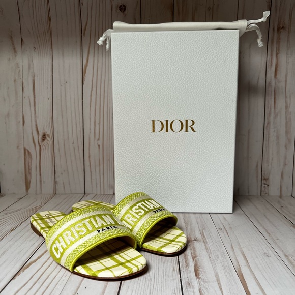 Christian Dior Canvas Check'N'Dior Pop Dway Sandals Chartreuse Sz 36.5 / 6.5 - Picture 1 of 11